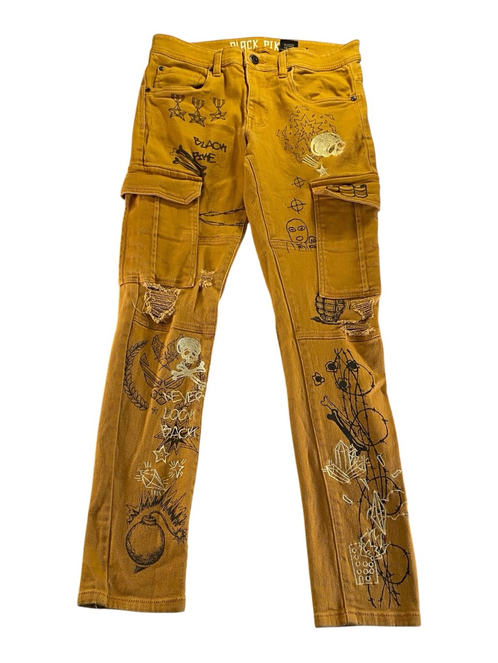 Black Pike Mustard/Yellow Colored Jeans Graffiti Cargo Street Wear Men’s 30x32
